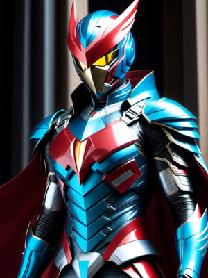 Best Image Quality, Super High Resolution, Masterpiece, Photorealistic, Medium camera shot, 1 Man, Solo, Man wearing Kamen Rider costume and hybrid ironman costume, (Garuda bird mask), cape, (Garuda bird protector), Garuda bird belt, Kamen Rider Garuda, body suit red blue glowing black, neon, Incredible detail, intricate complexity, depth of field, volumetric lighting, sharp focus, absurdity, realistic proportions, delicate anatomy, high detail, delicate, Stunning detail, fine detail, cinematic lighting, delicate and beautiful,Leonardo Style, illustration