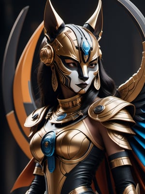 Best Image Quality, Super High Resolution, Masterpiece, Photorealistic, Full body shot, 18 years old, 1 girl, Solo, (eyes gold), Girl in Anubis suit and ironman hybrid costume very well detailed, Mask Anubis, Has Orange and blue colors and black, Huge bust, Incredible detail, intricate complexity, depth of field, volumetric lighting, sharp focus, absurdity, realistic proportions, delicate anatomy, high detail, subtle, Stunning detail, fine detail, cinematic lighting, smooth and beautiful, face facing forward,xxmix_girl,oni style