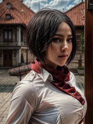 Best Image Quality, Super High Resolution, Masterpiece, Photorealistic, hmmikasa, short hair, very good detailed face, black eyes, very nice detailed lips, finger details are very nice, scarf, coat of arms, belt, thigh strap, red scarf, white pants, brown jacket, long sleeves, holding weapon, sword, dual use, three dimensional maneuvering equipment, fighting stance, sky, Big boobs, Beautiful face with high quality detail, smile, Sexy, Pale white skin, Porcelain skin, Professional lighting & super detailed, Slim, Super clean detailed, Elaborate detail, Super detailed, Super tall, Highest detail, Smooth, Excellent detail, Fine detail, Cinematic lighting, Incredibly smooth and beautiful image, staring at the viewer, hmmikasa,4nya,Anyageraldine,perfecteyes