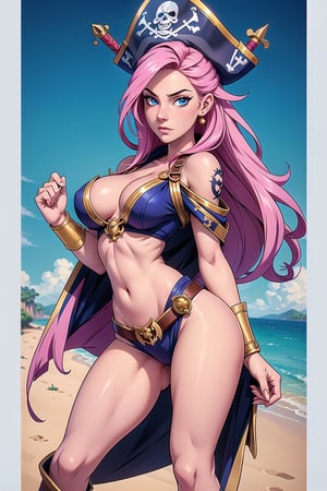 ((masterpiece)), high res, Pirate girl, Single person, ((pirate costume)), detailed body, detailed face, long pink hair, looking at distant, blue_eyes, detailed eyes, white pale skin, full-body, busty chest, stand pose, ((detailed face)), good hands drawings, anime style, holding a sword in one hand