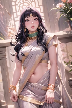 Hinata Hyuga (from Naruto),A beautiful, traditional Indian saree. You can choose a specific region's style for the saree, like Kanjeevaram or Banarasi, navel exposure
The saree can be a pastel color that complements Hinata's hair and eye color, or a vibrant color that reflects her newfound confidence.
Include elegant jewelry like bangles, earrings, and a necklace that would suit Hinata's personality, Hinata standing gracefully, perhaps with one hand behind her back, and the other hand curved at her hip, focus on capturing Hinata's gentle beauty and newfound confidence,Indian dress,saree,Hinata hyuuga, hyuuga hinata,hinata