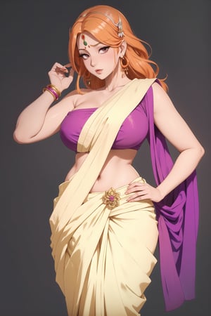 Matsumoto Rangiku from Bleach, orange hair color, navel exposure Choose a flowing, lightweight fabric like chiffon or georgette in a color that complements Rangiku's complexion. Soft pastels or a vibrant shade of purple would be lovely.
Drape the "SAREE" elegantly, showcasing her toned midriff without being overly revealing.
The pallu (end piece of the saree) can flow gracefully over her shoulder, Rangiku with beautiful Indian jewelry like statement earrings, bangles, and a delicate maang tikka (headpiece).
Keep the accessories simple and elegant, avoiding anything too heavy or fussy