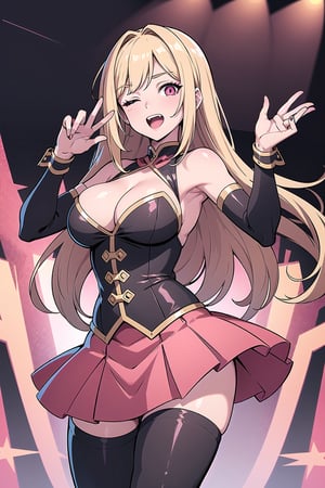 singer person, (Masterpiece, best quality), detailed, cleavage, narrow hips, one eye closed, one eye open, red pink eye, Blond hair, cosplay Idol costume, skirt, thigh high leggings, detailed clothing, ((holding Mick in one hand)), waving with one hand to the audience, ((detailed face)), High resolution, 