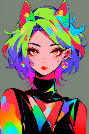 A captivating portrait of a single girl posing with confident elegance. Against a dull, muted backdrop, her vibrant multicolored hair stands out in bold contrast, like a rainbow explosion. Her piercing red neon eyes gleam bright, drawing attention to her striking features. A series of piercings adorn her face and ears, adding an edgy touch to her already mesmerizing appearance.