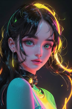 Close-up shot of a lone girl with long, flowing multicolored hair, her neon green eyes fixed intently on the viewer. She wears bright yellow clothing that seems to glow in the dark. Her facial expression is one of calculated sadism, as if she's savoring some private moment of power. The background is a bland, industrial gray, allowing her vibrant features to take center stage. Neon lights hum in the shadows, casting an eerie glow on her porcelain skin.