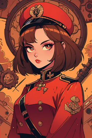 full body, Portrait of a girl in officer's ceremonial tunic, loose brown hair, dieselpunk, aristocrat, model face, max detailing, cogs in the background, monograms on background, Ian McQue style, Russian empire, British empire, strongs colors, (artstation), 8k, intricate details, vintage, retro futuristic style, detailed illustration, side view