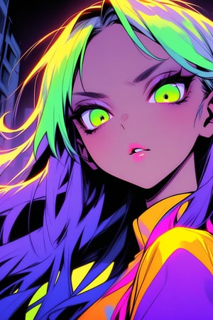 Close-up shot of a lone girl with striking features against a dark, gritty cityscape. Her long, flowing hair is a mesmerizing blend of colors, including pink, blue, and purple hues. Her neon green eyes gleam with an air of sadistic intensity as she directly confronts the viewer. She wears a bright yellow jumpsuit that contrasts starkly with the dull urban backdrop. The girl's expression is a perfect blend of sass and menace, her gaze piercing and unapologetic.