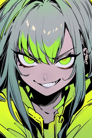 A cyberpunk anime girl with long, flowing hair and piercing neon green eyes gazes directly at the viewer with a sadistic smirk. She wears a bright yellow jumpsuit, her multicolored hair styled in loose waves. The background is a stark, monochromatic gray, emphasizing her vibrant attire and intense expression.