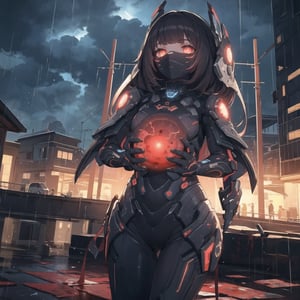 1 japanese girl, WARFRAME, intricate pattern, heavy metal, energy lines, faceless, glowing eyes, elegant, intense, blood red and black uniform, solo, modern, city, streets, dark clouds, thunderstorm, heavy rain,, dramatic lighting,, (masterpiece:1.2), best quality, high resolution, beautiful detailed, extremely detailed, perfect lighting,