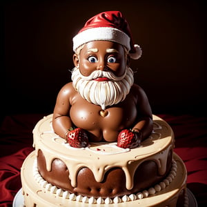 a chocolate Santa Claus made of chocolate with a background of a giant white cake and strawberry