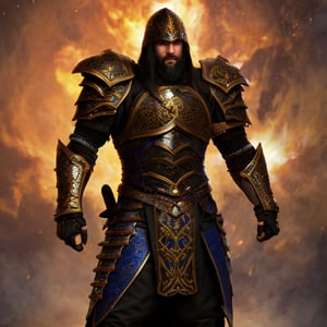 a man, warrior, dirty black hair and beard, dark fantasy, detailed black armor, large sword