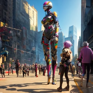 a woman with a helmet standing in front of a group of mannequins, cyberpunk art by Jim Burns, cgsociety, retrofuturism, daz3d, ps1 graphics, dystopian art