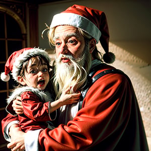 Scared Santa,illustration, open mouth,detailed facial features,colorful background,shiny red costume,cartoon-style,expressive eyes,worried expression,white beard,comforting children,festive atmosphere,masterpiece:1.2,ultra-detailed,realistic,studio lighting,vivid colors
