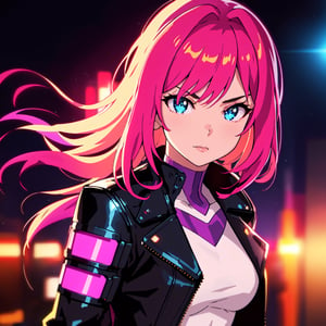 hyper realistic, lifelike texture, dramatic lighting, (best quality:1.1), depth of field, nighttime, in a futuristic cyberpunk city, HDR, shallow depth of field, broad light, high contrast, backlighting, bloom, light sparkles, chromatic aberration, sharp focus, futuristic clothing, leather jacket, beauty512, lnchuu, ,  , 