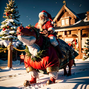 (best quality,4k,8k,highres,masterpiece:1.2), realistic, detailed, vibrant colors, professional, HDR, Santa Claus riding a giant lizard and delivering gifts, illustration, Christmas atmosphere, joyful, magical, snowy landscape, glowing Christmas lights, children's excitement, festive decorations, cozy fireplace, cozy home