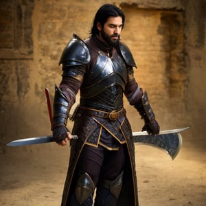 a man, warrior, dirty black hair and beard, dark fantasy, detailed black armor, large sword