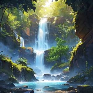 Waterfall conveys four adventurers natural fantasy landscape fairy green, golden ratio, animated detail, delicate, QuixelMegascans trend, perfect image, super high resolution, perfect composition, detailed, super color, (high detail skin: 1.2), 8k ultra high definition, DSLR camera, soft lighting, high quality, film grain, Fujifilm XT3 