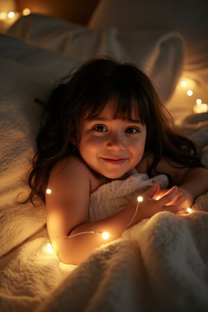 A young girl with striking black hair, dressed in a flowing dress, radiates joy and contentment. She lies cozily on a plush bed, surrounded by the warm glow of night lights, her happiness illuminated by the soft luminescence. Her dark locks cascade down her back like a waterfall of ebony silk.