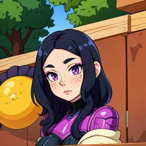  woman with wavy black hair and purple eyes, black alien armor, freckles, blush, eyeshadow, cute face