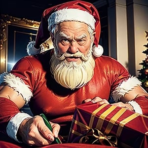 (best quality, highres, realistic:1.37), detailed Santa Claus (angry santa claus breaking presents near a christmas tree), 