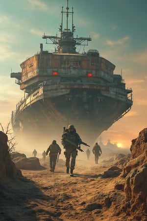 Composition: A futuristic warzone landscape unfolds an industrial military ship emerges from a dusty, ravaged horizon. Weathered textures and rusty hues dominate the foreground, depicting the aged structure's battle-worn features. The sky above is a deep shade of indigo, gradually lightening to a faint blue towards the upper left corner, where a burst of orange and yellow illuminates the atmosphere. A military unit, dressed in muted earth tones, moves cautiously into the frame, led by a helmeted figure holding a rifle at the ready. The landscape's worn terrain, complete with rocky outcroppings and ravaged foliage, stretches towards the vanishing point, drawing the viewer's eye into the gritty, adventurous scene.