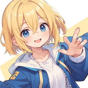 ChristiaAOT,  1girl,  solo,  christa renz,  smile,  hair between eyes,  blue eyes,  blonde hair,  jacket,  medium hair,