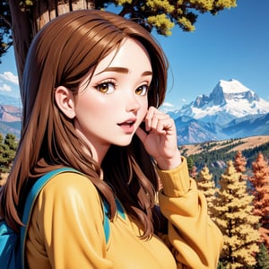 1girl, magic, mountain, brown hair, golden tree