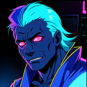 macro crisp quality, close up portraint, of cyberpunk brutal man, in cyberpunk neon room, rough skin, look at a camera, glowing eyes, age 40, cinematic, dimmed colors, dark shot, muted colors, film grainy, lut, spooky