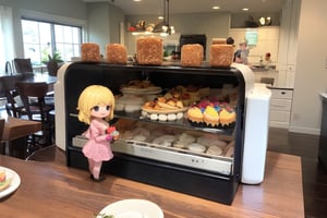 masterpiece, highly detailed, (chibi:1.3), , (1girl), blonde hair, pastel colors, cozy atmosphere, dessert display case, macarons, cupcakes, tarts, cakes, coffee machine, chalkboard menu, natural lighting, glass jars filled with candy, frosted window panes, decorative plates, whimsical decor, sugar sculptures, 