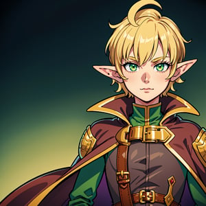 masterpiece, best quality, 1man, adult, male focus, solo, medium blonde hair, vibrant green eyes, looking at viewer, cape, High quality metal texture, overcoat, closed mouth, bangs, high collar,(kbxll:0.6), Fantasy aesthetics, Highly detailed, shadowverse style, executor outfit, elf ear, pispol in hands