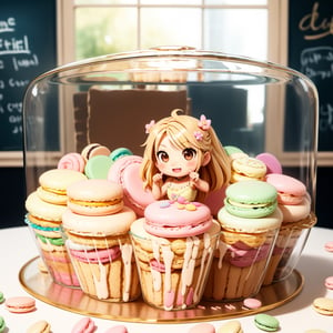 masterpiece, highly detailed, (chibi:1.3), , (1girl), blonde hair, pastel colors, cozy atmosphere, dessert display case, macarons, cupcakes, tarts, cakes, coffee machine, chalkboard menu, natural lighting, glass jars filled with candy, frosted window panes, decorative plates, whimsical decor, sugar sculptures, 