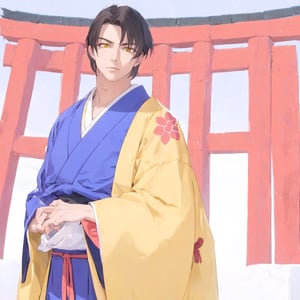 masterpiece, best quality, highres, muramasa, traditional Japanese shrine, solo, handsome, yellow eyes,