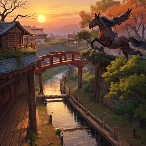 masterpiece, high quality, high resolution,8k, chinese painting ,, Withered vines, aged ((trees)), dusk ((crows)) cawing free,, ((a small bridge)), flowing water, (((a humble dwelling))), (a horse:1.6),, Westward blows the chilly wind on ((an ancient path)),, As the sun sets, my heart aches with a lonely wrath,, 