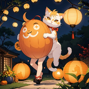 Mid-Autumn Full Moon, A round-eyed cat carrying a Mid-Autumn Festival lantern, yard.