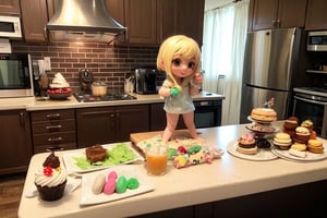 masterpiece, highly detailed, (chibi:1.3), , (1girl), blonde hair, pastel colors, cozy atmosphere, dessert display case, macarons, cupcakes, tarts, cakes, coffee machine, chalkboard menu, natural lighting, glass jars filled with candy, frosted window panes, decorative plates, whimsical decor, sugar sculptures, 