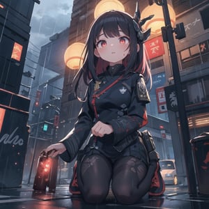 1 japanese girl, WARFRAME, intricate pattern, heavy metal, energy lines, faceless, glowing eyes, elegant, intense, blood red and black uniform, solo, modern, city, streets, dark clouds, thunderstorm, heavy rain,, dramatic lighting,, (masterpiece:1.2), best quality, high resolution, beautiful detailed, extremely detailed, perfect lighting,