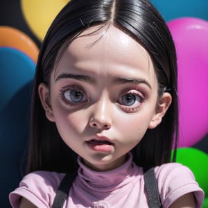 Pixar style, gloomy, negative, twisted, weird, big-eyed loli, colorful