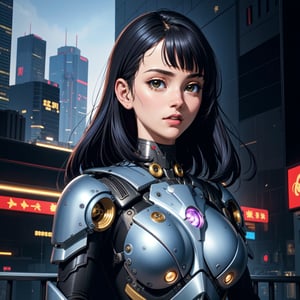 best quality ,masterpiece, illustration, an extremely delicate and beautiful, extremely detailed ,CG ,unity ,8k wallpaper, Amazing, finely detail, masterpiece,best quality,official art,extremely detailed CG unity 8k wallpaper,absurdres, incredibly absurdres, ultra-detailed, highres, extremely detailed,beautiful detailed girl,light on face, 1girl, mecha, armor, mechanical_body, black hair, spaceship, city, cyberpunk, star_sky,