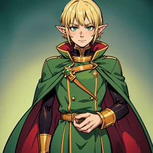 masterpiece, best quality, 1man, adult, male focus, solo, medium blonde hair, vibrant green eyes, looking at viewer, cape, High quality metal texture, overcoat, closed mouth, bangs, high collar,(kbxll:0.6), Fantasy aesthetics, Highly detailed, shadowverse style, executor outfit, elf ear, pispol in hands