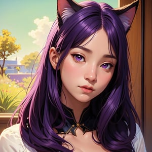 poster portrait of realistic masunya, (purple skin color:1.1), cat ears, solo, by Jeremy Lipking, by William Bouguereau, (by Alphonse Mucha:0.5), by d-art , sfw