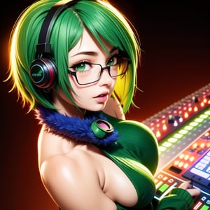 anime, deejaying girl, dj, dj girl, headphones, rave, (highest picture quality),masterpiece,best quality,extremely detailed CG wallpaper, ultra_detailed,(Cinematic Lighting:1.1), (cold face), green eyes, 1girl, solo, dark-green_hair, short_hair, masterpiece, best quality, glasses