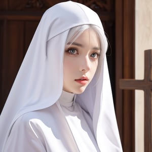 nun, cross, bible, white hair, church, realistic and detailed eyes ,girl