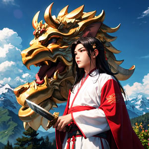 UHD,masterpiece,award winning,best quality,highres,8k,high details,(A man:1.6),Perfect face,long black hair,Chinese ancient hair accessories,blonde hair accessories,(Face the lens:1.4),(Handheld sword:1.5),Hand-held scabbard,ancient chinese robes,Martial arts,outlaw star,bougu,jump up,There's a dragon behind,Chinese Dragon,Patron saint,The background is mountains and trees,Mountain,Pavilion,pine tree,Bright Sky,white cloud,a cloudy sky,loong,,ancient oriental architecture,ancient chinese architecture,