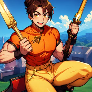 Muscular man, alone, holding a golden spear, hair tied in bun, dark brown hair, Chinese-looking man, ((burnt yellow social blouse, long white jeans)), black military boot, smile, yellow colored eyes, castle, costume.