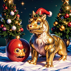 (best quality,4k,8k,highres,masterpiece:1.2),ultra-detailed,(realistic,photorealistic,photo-realistic:1.37),cute cartoon-style dinosaur with Christmas ornaments,soft and fluffy,cartoonish face,big bright eyes,adorable little nose and mouth,shiny golden ornaments hanging from its green scales,sparkling red Santa hat on its head,magical snowflakes falling gently around the dinosaur,cheerful and vibrant colors,soft sunlight shining through the trees,creating a warm and festive atmosphere