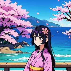 1girl,black hair, floating hair, seaside,scenery,landscape,cherry blossoms, falling petals, sunbeam,god rays,upper body, RENGE,DRESS,KIMONO