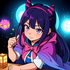 Mioda Ibuki /(Danganronpa/), bank ultra-detailed, masterpiece, illustration, 8k, masterpiece, realistic shadows, wind, gradient, volumetric lighting, cute, ambient lighting, colorful, glowing particles, beautiful detailed eyes 1girl, solo, (original outfit), dungeon background, blue and pink mage outfit, cloak, magic, fantasy