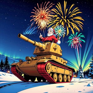 santa claus, in a military tank, smiling, with gifts, christmas trees, bright decorations, snowing, colorful, fireworks, winter forest, bright lights, immense joy, dark sky, aurora borealis, festive scene, magical presents, space illusions,girl