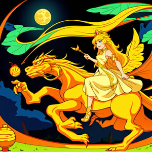 Princess (blonde hair, wearing a long dress, holding a magic wand), background (forest, moon), Chinese dragon (one, five-clawed golden dragon, two wings), princess riding a dragon