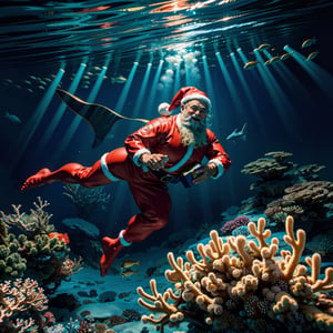 A Santa Claus in a scuba diving suit, underwater (best quality, highres, ultra-detailed), vibrant colors, shining lights, underwater exploration, magical underwater landscape, beautiful marine life, Santa Claus delivering gifts to sea creatures, coral reefs, bubbles floating around Santa Claus, Santa Claus swimming gracefully, captivating underwater scene, realistic underwater environment,